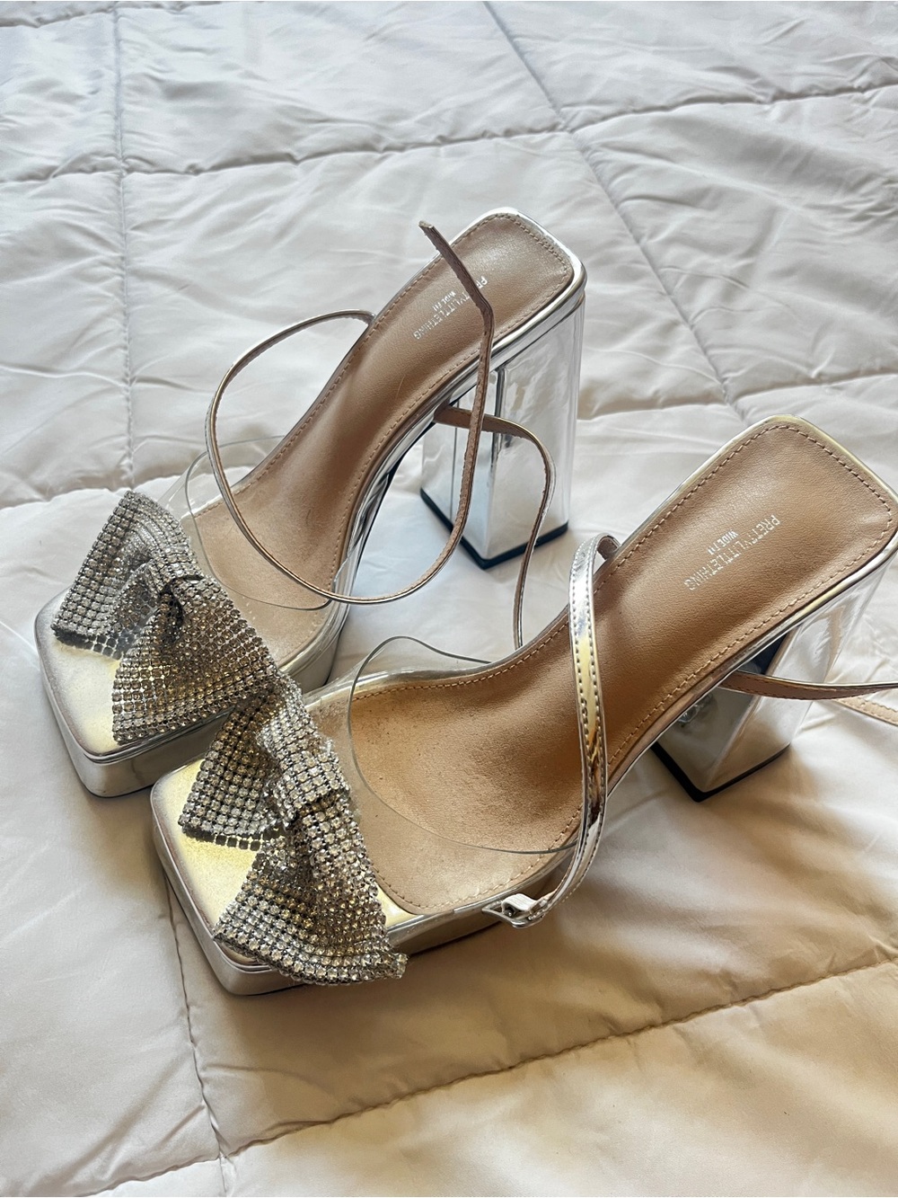 Silver Platform Strappy Heels with Crystal Bow